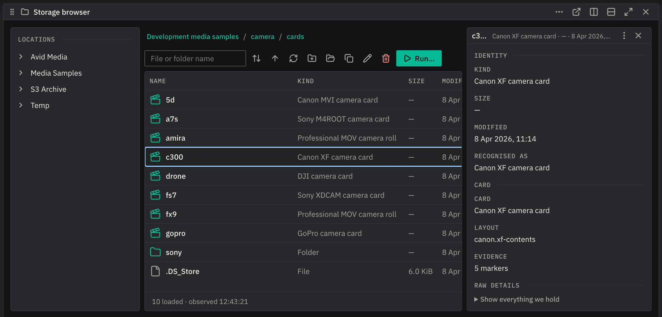 The Storage browser panel. A folder of camera cards is listed by name and kind: Canon MVI, Sony M4ROOT, Professional MOV, Canon XF, DJI, Sony XDCAM and GoPro. The inspector shows the selected Canon XF card, its layout, and the five markers it was recognised on.